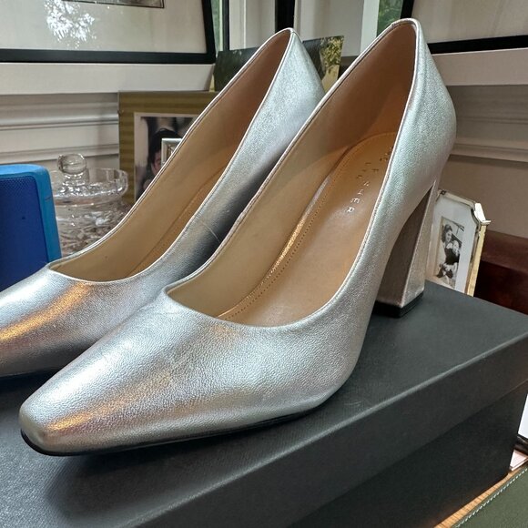 SILVER METALLIC. Marc Fisher Yalina Slip-on Black Block Heel Women's Pumps 10m - Picture 1 of 4